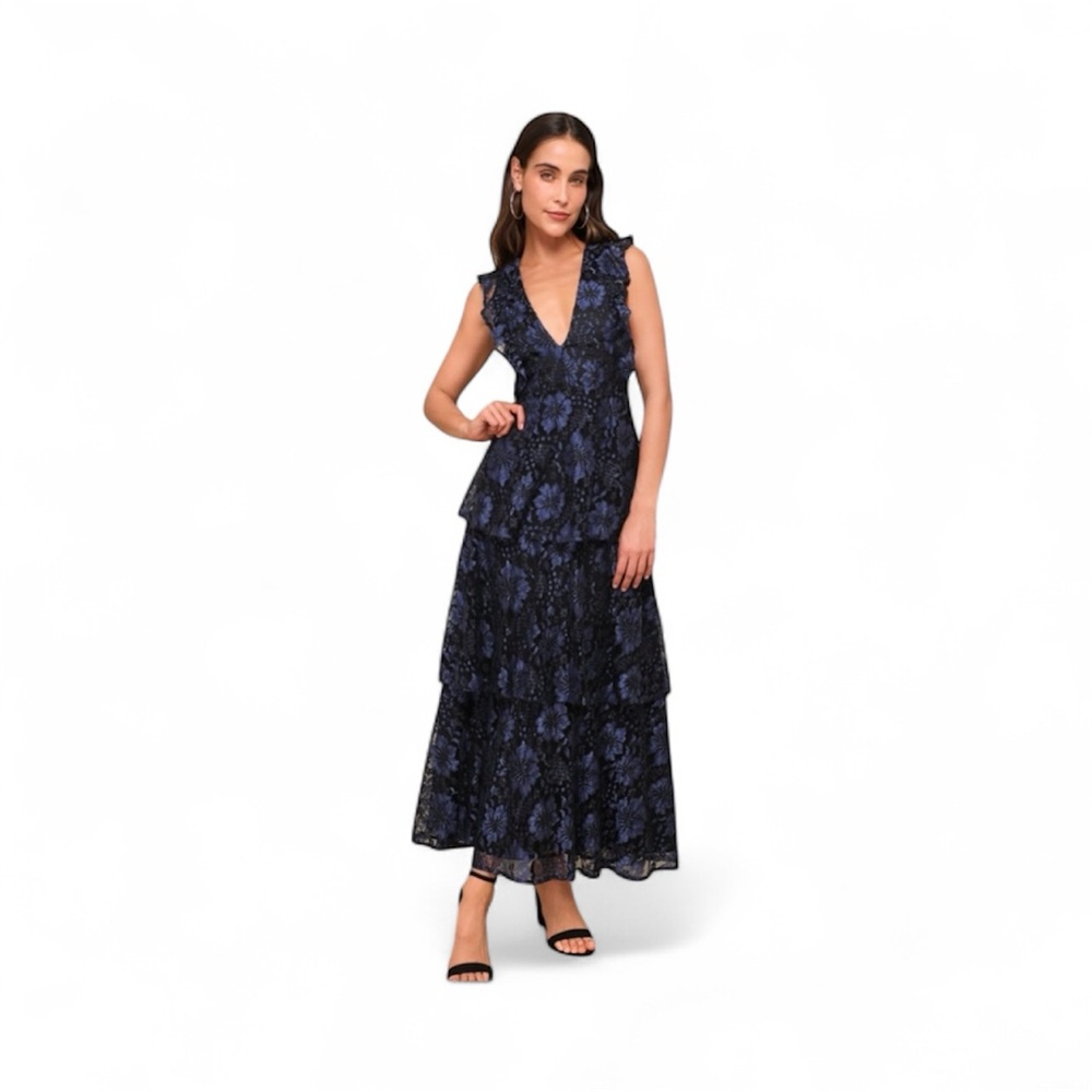 LULUS Molinetto Navy Blue Lace Ruffled Tiered Sleeveless Maxi Dress size XS
